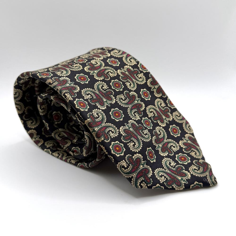 Vintage 90s Liberty of London Black Red Green 100% Silk Paisley Regal Tie